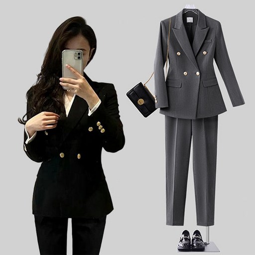 FINE ART 여자 오피스룩 면접복 슬림핏 정장세트 양복 투피스 더블버튼 정장자켓  정장바지 데일리