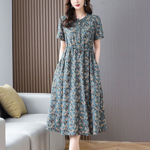 ORZQU 여름 여성 라운드 면 꽈배기 원피스 루즈핏 허리 조임 반팔 엄마 원피스