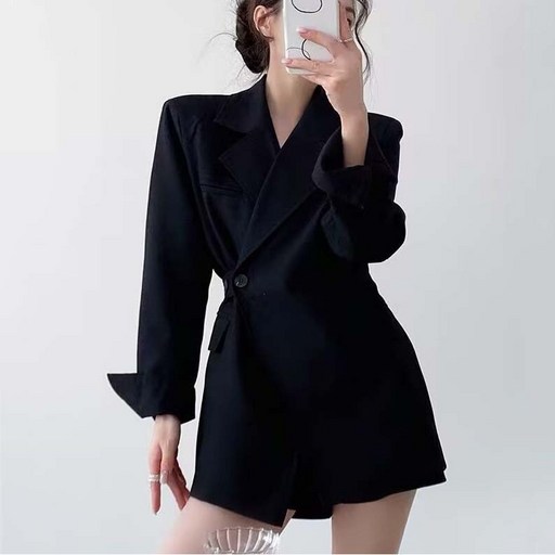 TIMEPURE 여성 원버튼 세련된 정장 롱 자켓 봄 가을 소매트임 뒷면 허리벨트 일체형 고급 캐주얼 하프 정장 오피스룩 하객룩