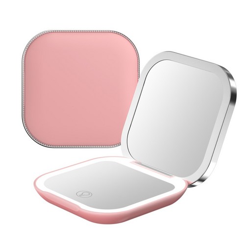 포켓 LED 휴대용 화장 손거울 확대경 뷰티 미러, 1개, 핑크