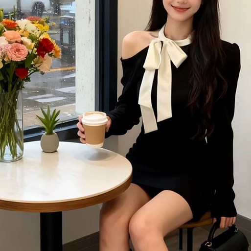 슬림소녀 여성 봄가을 라운드넥 리본 슬림 캐주얼 심플핏 긴팔 원피스 짧은 데일리 빅사이즈 오프숄더 스커트 40100KG