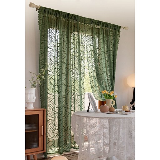 앤티크 그린 나뭇잎 커튼 로맨틱 레이스 커튼