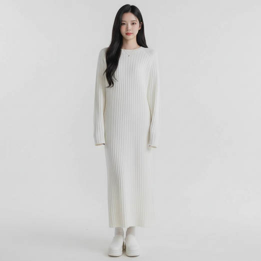 마켓피아 여성용 루즈핏 라운드넥 골지 롱원피스