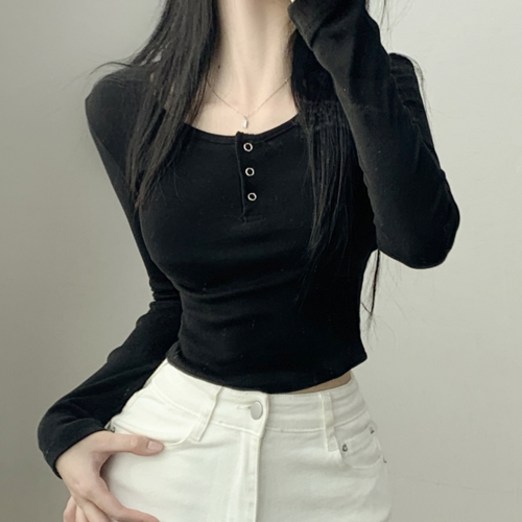 또또 볼륨업 단추 라운드 긴팔티셔츠 4color