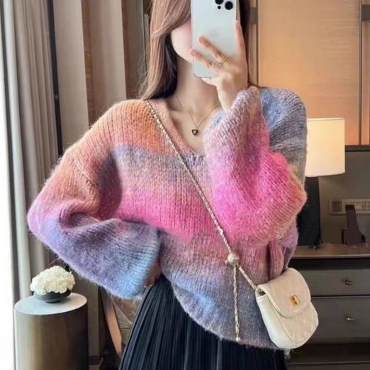 페이준 여성 가을 겨울 그러데이션 루즈 니트 패션 브이넥 풀오버 긴팔스웨터 YJ1263