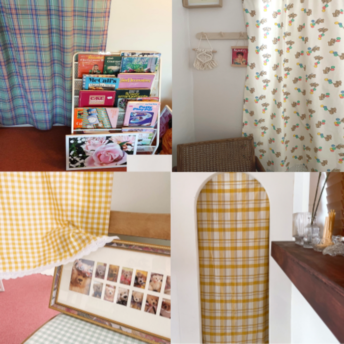 라로즈 레트로 빈티지 체크 플라워 쉬폰 곰돌이 커튼 차박 캠핑 현관 중문 아이방 원룸 가림막 가리개 도어