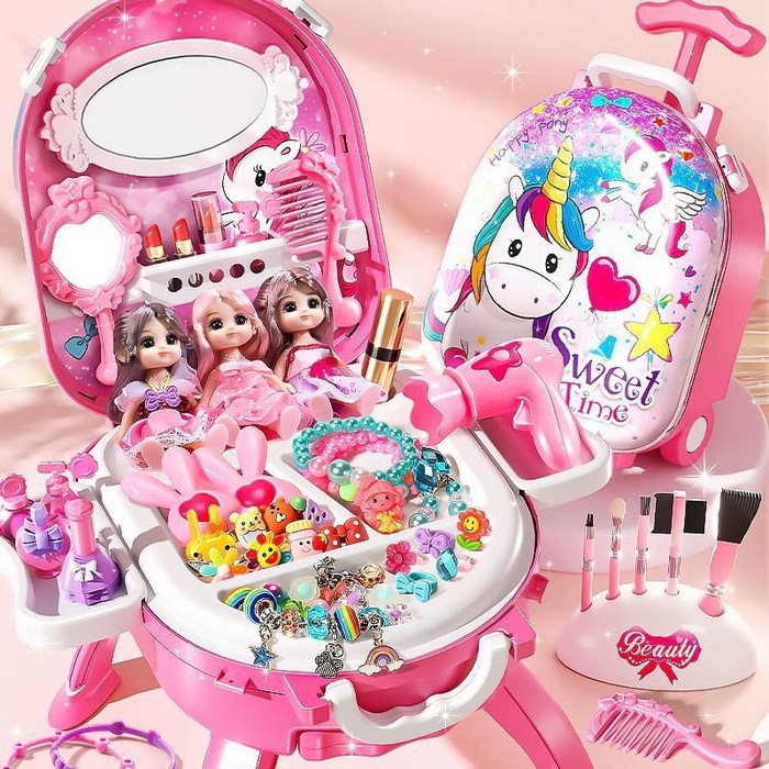 SUUNI 어린이 공주 화장놀이세트 뷰티화장 캐리어 가방 화장대 장난감