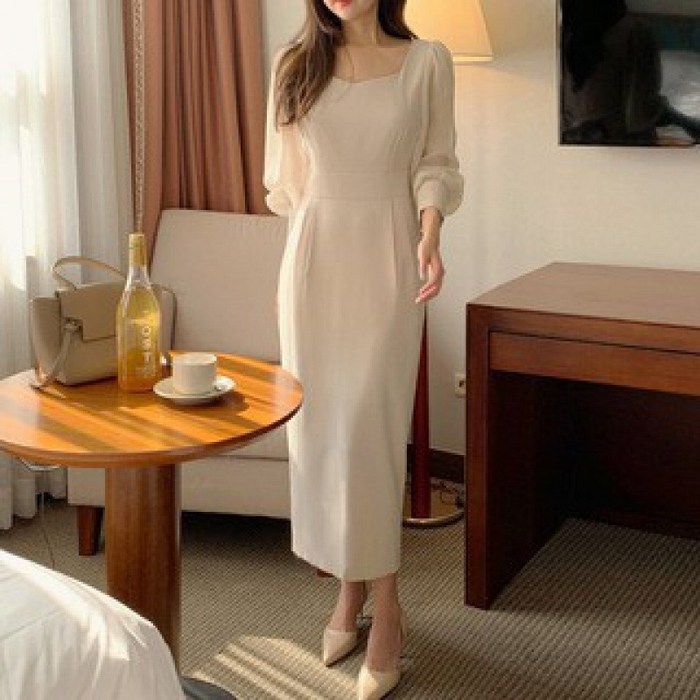 COSYEVNO 여성 스퀘어넥 원피스 우아한 슬림핏 봄 긴팔 롱 스커트