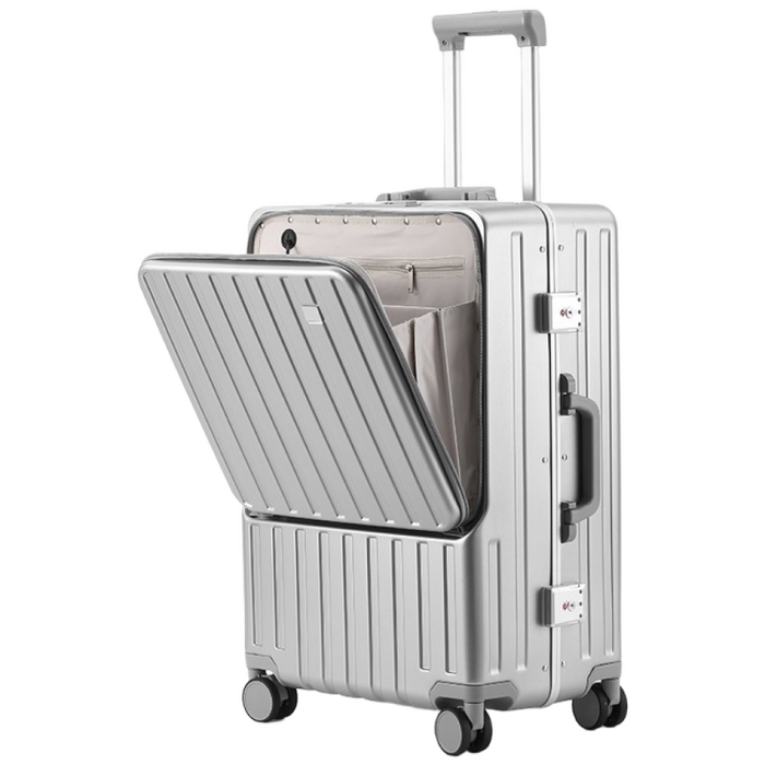 다용도 프론트 오픈 포켓 오픈 알루미늄 프레임 캐리어 20인치 24인치 USB 충전구 휴대용 컵 홀더 비밀번호가 있는 기내용 360도 저소음 유니버설 휠 실버 화이트 블랙 핑크캐리