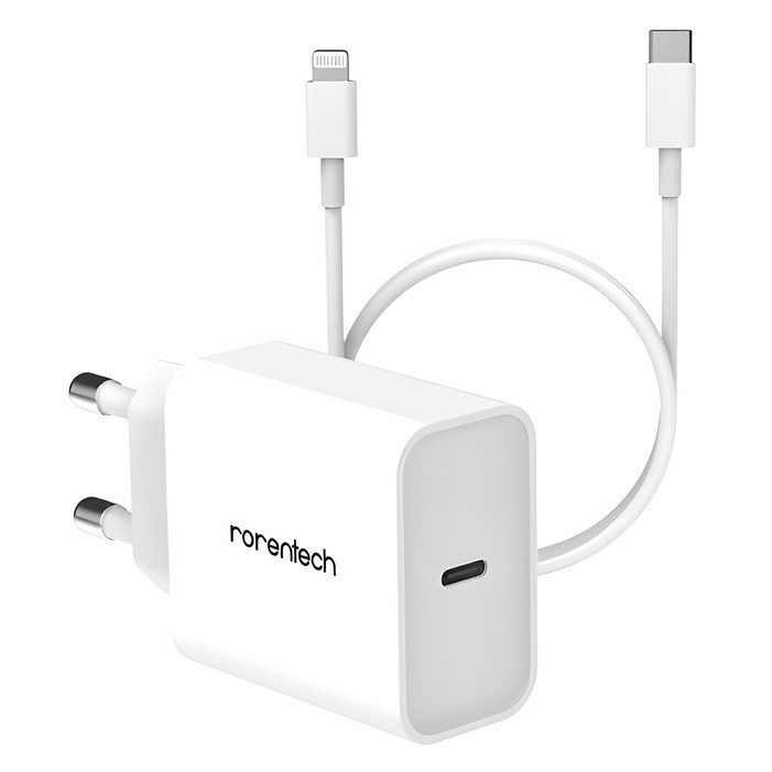 로랜텍 아이폰 20W 고속충전기  C to 8핀 고속케이블 2m 세트, 화이트, 1개