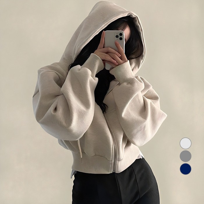 아이엠몽 여성용 우라메 무지 슬림핏 크롭 후드 집업