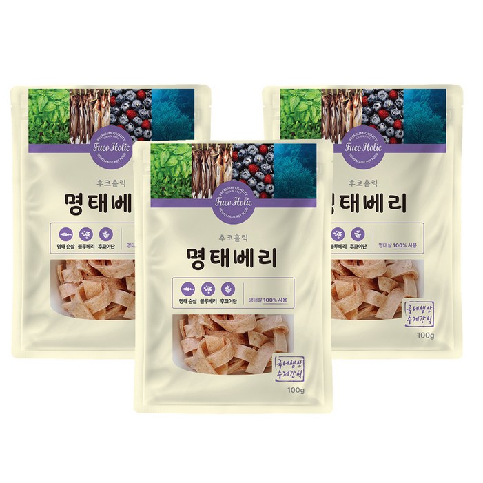 후코홀릭 강아지 건조 간식, 혼합맛명태블루베리, 100g, 3개