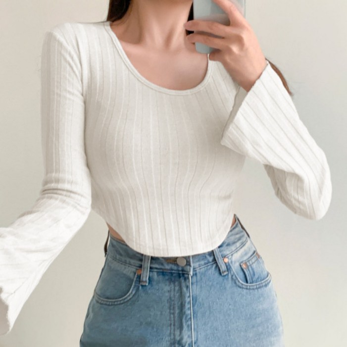 라라온 여성용 크롭 왕골지 U넥 긴팔 티셔츠 25TSP3488