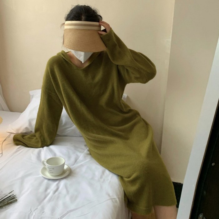 OSON 루즈핏 후드 니트 롱 원피스 간절기 여성 체형커버 봄 가을 얇은 니트 꾸안꾸 데일리룩