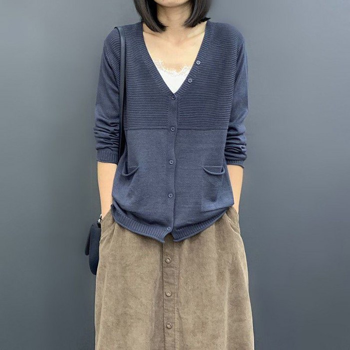 ORZQU 여름 가을 간절기 여성 긴팔 니트가디건 캐주얼 소프트브이넥 얇은 스웨터코트