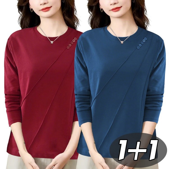 별하늘 1+1 중년 여성용 라운드넥 캐주얼 이너 긴팔 티셔츠