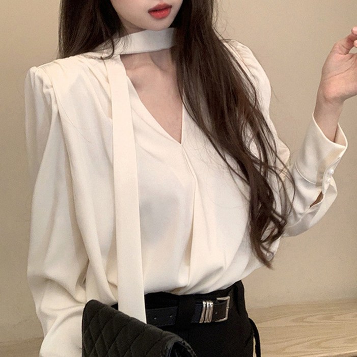 cammello 클래식 새틴 브이넥 초커타이 긴팔 블라우스 셔츠 오피스룩 하객룩