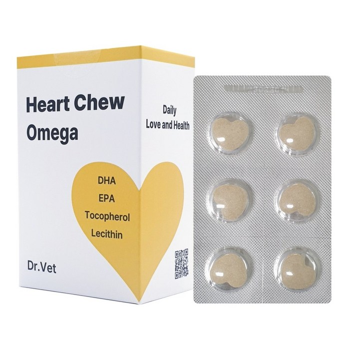 닥터벳 하트츄 오메가 맛있게 씹어먹는 강아지 고양이 오메가3 영양제 피부 피모 피부염 눈 심장, 30정, 오메가3, 1개