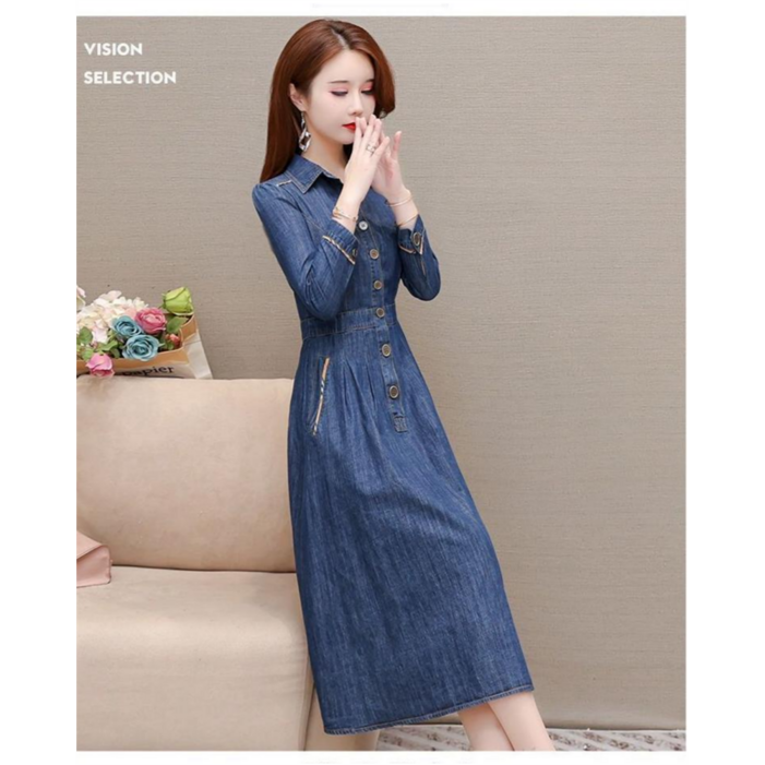 루스리더 여성 긴소매 캐주얼 데님 원피스 V56