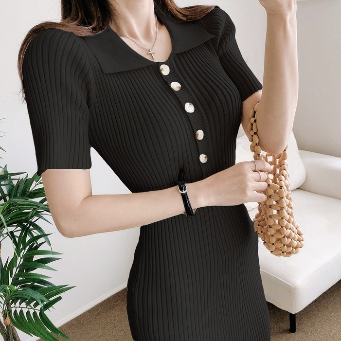 요시아나 당일발송 라피넴 슬림핏 카라넥 버튼 골지 니트 롱원피스 2컬러