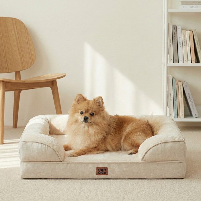 EHEYCIGA 메모리폼 함유 정형외과 반려견 강아지방석 사계절용 애견 강아지쿠션 푹신한 편안한 반려견 소파, 1개, 베이지색