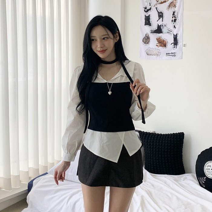 핏강추레이어드2col 리즌 일체형 뷔스티에 니트 셔츠 타이 머플러 세트