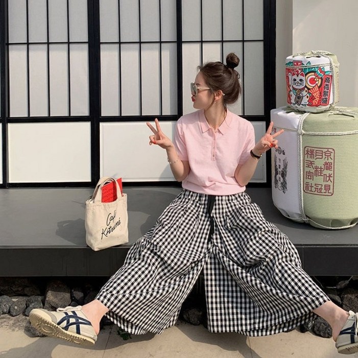 Aec go 여성 통바지 체크 빅사으즈 패션 치마바지 Aec go 여성 통바지 체크 빅사으즈 패션 치마바지