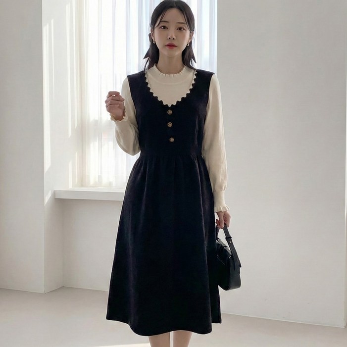 빅사이즈 여성 프릴넥 레이어드 롱 원피스 D1195 티헨즈 44100