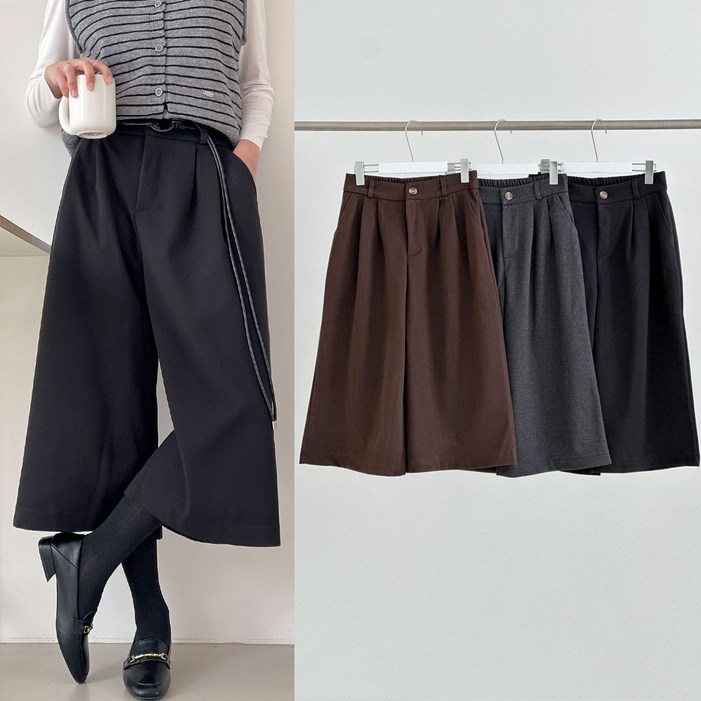 프롬제니 벨트증정 스터민 모직 와이드 팬츠 7부 치마 바지 큐롯 팬츠 밴딩 가을 미디