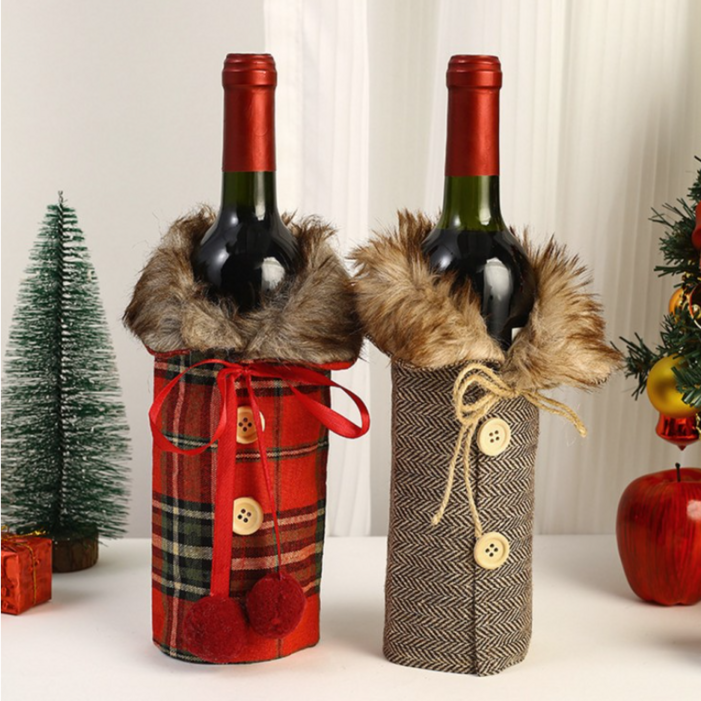 SIA37 크리스마스 와인커버 퍼장식, 레드 체크