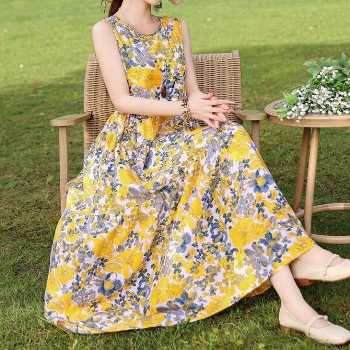 PEROLA 여성 여름 롱 원피스 라운드넥 꽃무늬 나시원피스 슬림핏 중년여성 민소매 원피스