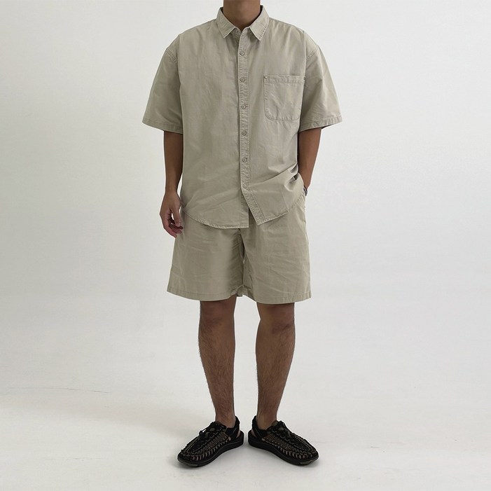 남성 여름 피그먼트 워싱 반팔 셔츠 밴딩 반바지 상하의 세트