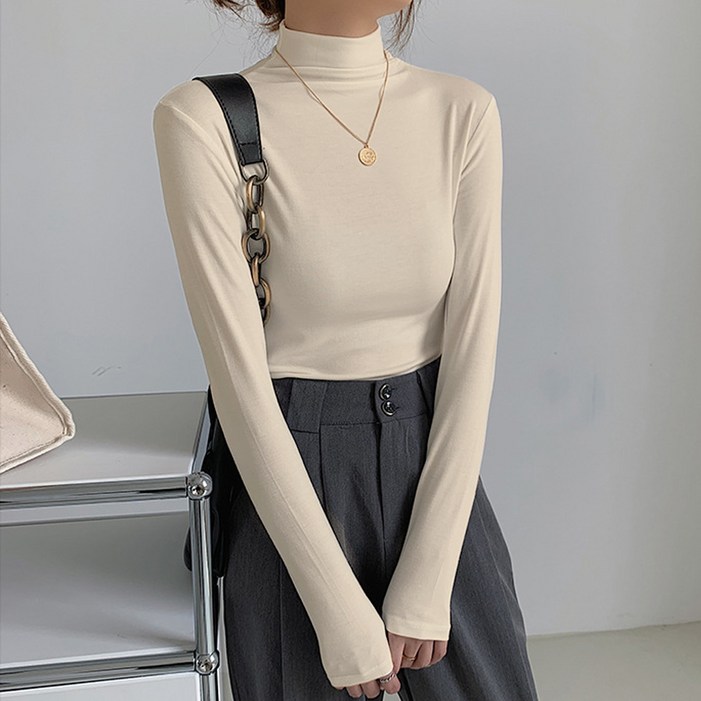 후암마켓 여성용 여리핏 슬림 기본 스판 반폴라 긴팔티