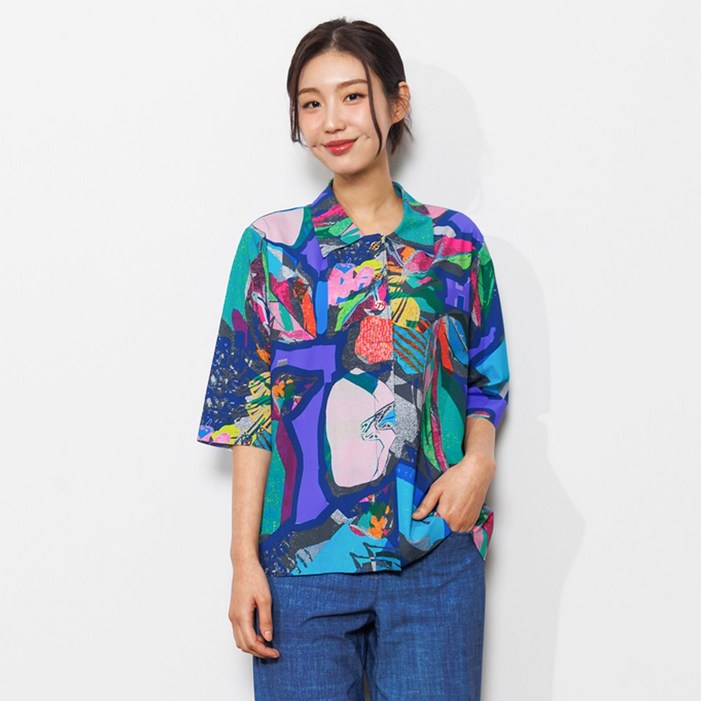 디아스토리 컬러풀 리프 카라 셔츠 CHMPTF04네이비