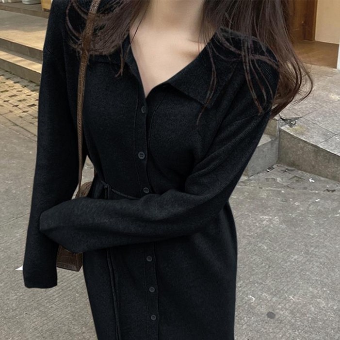 아이엠몽 여성 일자핏 카라넥 니트 스트랩 롱 원피스 네트라