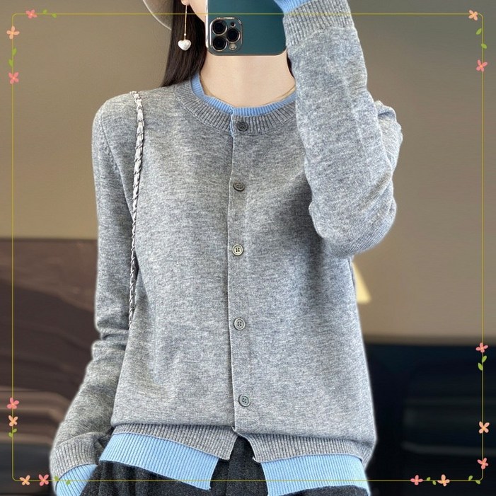 라부라카 예쁜 레이어드 배색 여성 니트 가디건 가을 겨울  라운드 가디건 빨간 가디건 간절기 30대 여성 의류