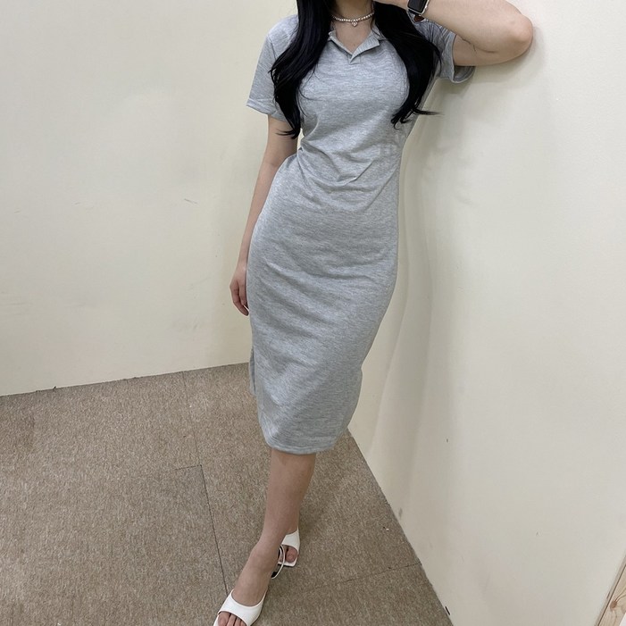 VANANA2 여성 캐주얼 꾸안꾸 심플 카라 허리 끈 셔링 반팔 롱 원피스 3color