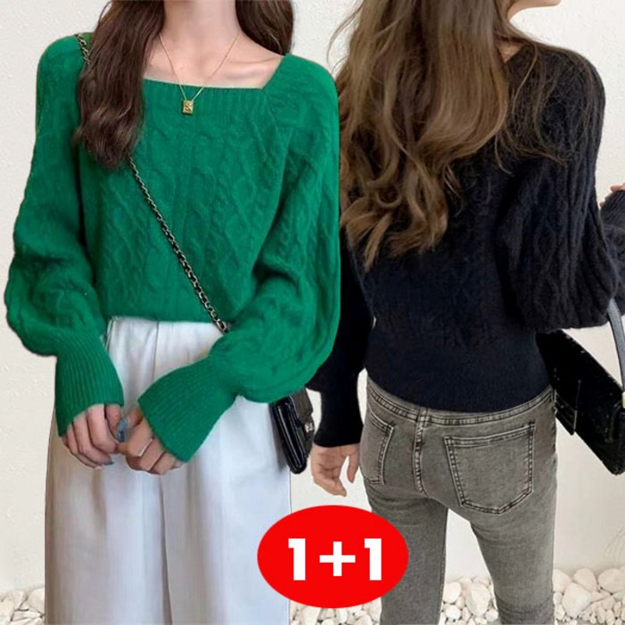 RCLET 11 여자 스퀘어넥 스웨터 퍼프소매 니트 긴팔티 두꺼운 맨투맨 가을 겨울