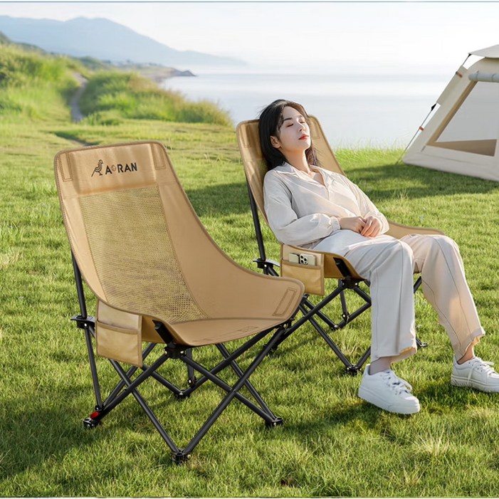 AORAN 각도조절 경량 접이식 캠핑 의자 세트, 2개, 카키 두 배의 통기