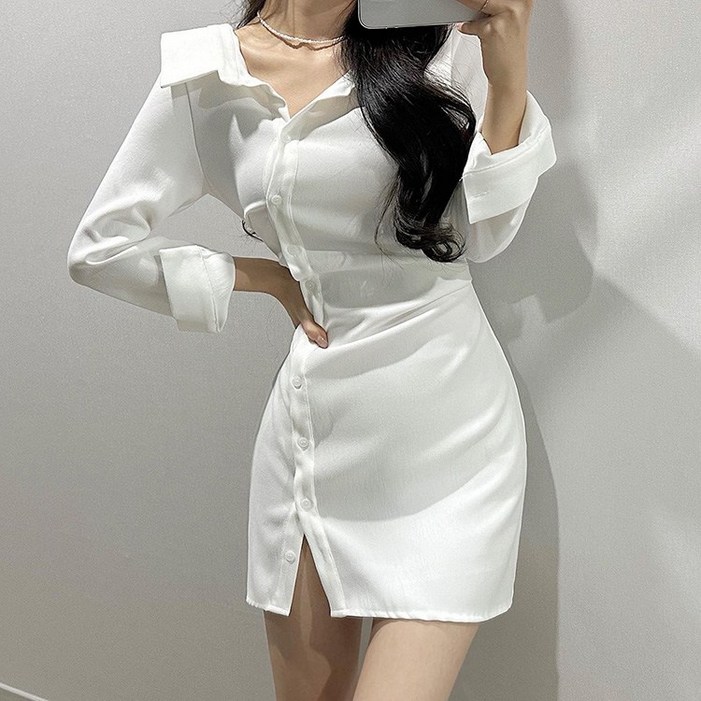 예쁨시전 언발 사선 카라넥 봄가을 버튼 미니 셔츠 랩 원피스