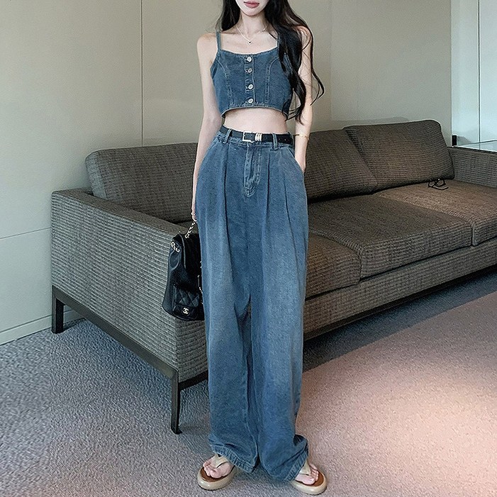 대박난박양 데님 크롭와이드 데님 팬츠 SET