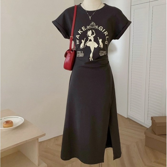 지누초이 여성 캐주얼 반팔 옆트임 슬림라인 롱 원피스 루즈핏