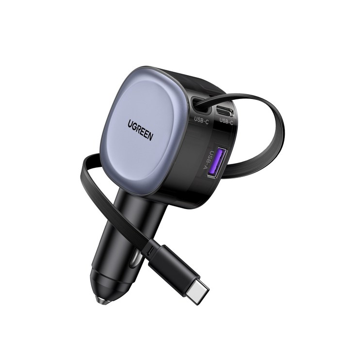 UGREEN 유그린 75W 3포트 차량용 시거잭 고속 충전기 일체형 릴타입 멀티충전기 C타입 2구USB A 1구 시거잭 어댑터 빌트인 케이블 애플 삼성 호환, EC601, 1개