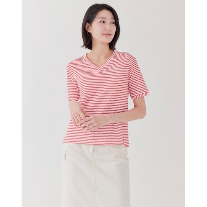 지센 여성 스트라이프 자수포인트 브이넥 반팔티셔츠색상3  면61 LCTSP471