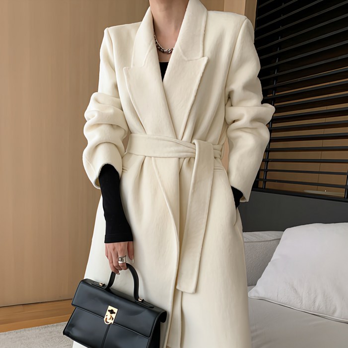 핸드메이드 울100 코트 여성 한겨울 아이보리 루즈핏 벨티드 양모 롱코트