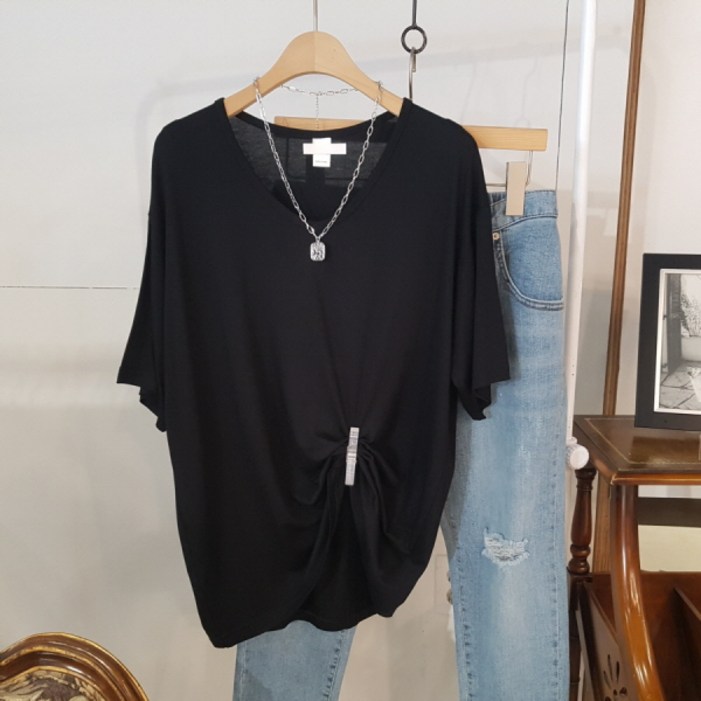 상상그이상 여성용 찰랑 레이온 무지 유넥 반팔 티셔츠