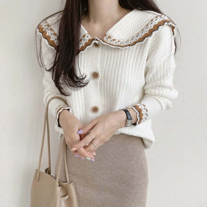 샐리 여성용 빅카라 물결 배색 니트 가디건 I4CCCA048