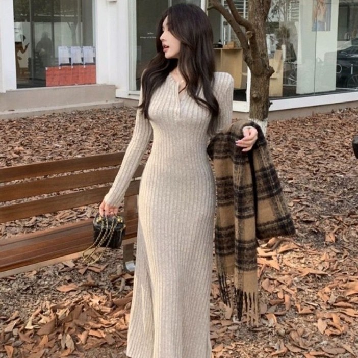 피어니스트 무지 모던 골지 버튼 슬림 롱원피스