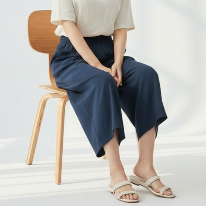 구디프 여성용 8부 허리밴딩 스트링 데일리 배기팬츠