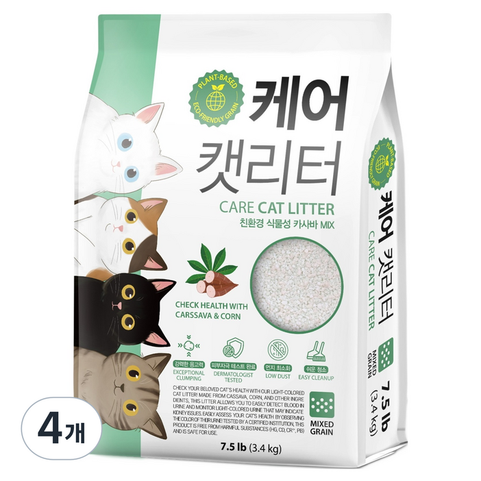 케어캣리터 카사바 고양이 모래, 3.4kg, 4개, 무향